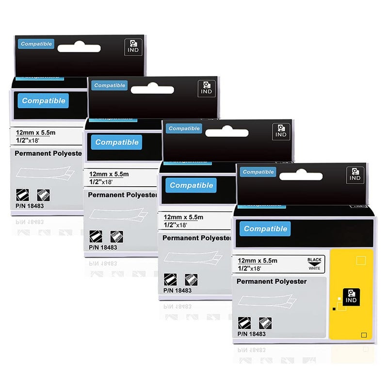 Aonomi 18483 a18483 Replace for Dymo 18483 Rhino Industrial Permanent Polyester Labels 1/2-Inch X 18 Ft Black on White Compatible with DYMO Industrial Rhino 4200 5200 5000 6000 Label Maker, 4-Pack - Image 1